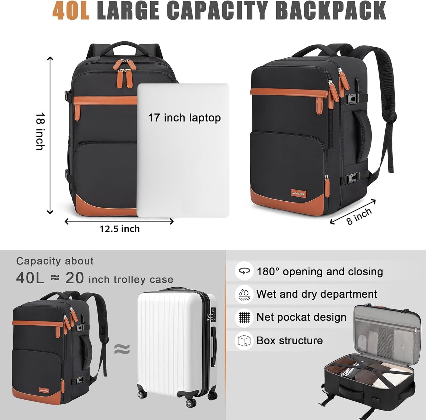 Lumenser 40L Travel Backpack with USB Charging Port, Water-Resistant Carry On Backpack for Men Women, Business Laptop Backpack for Trips & Commutes, Fits 17.3 Inch Laptop