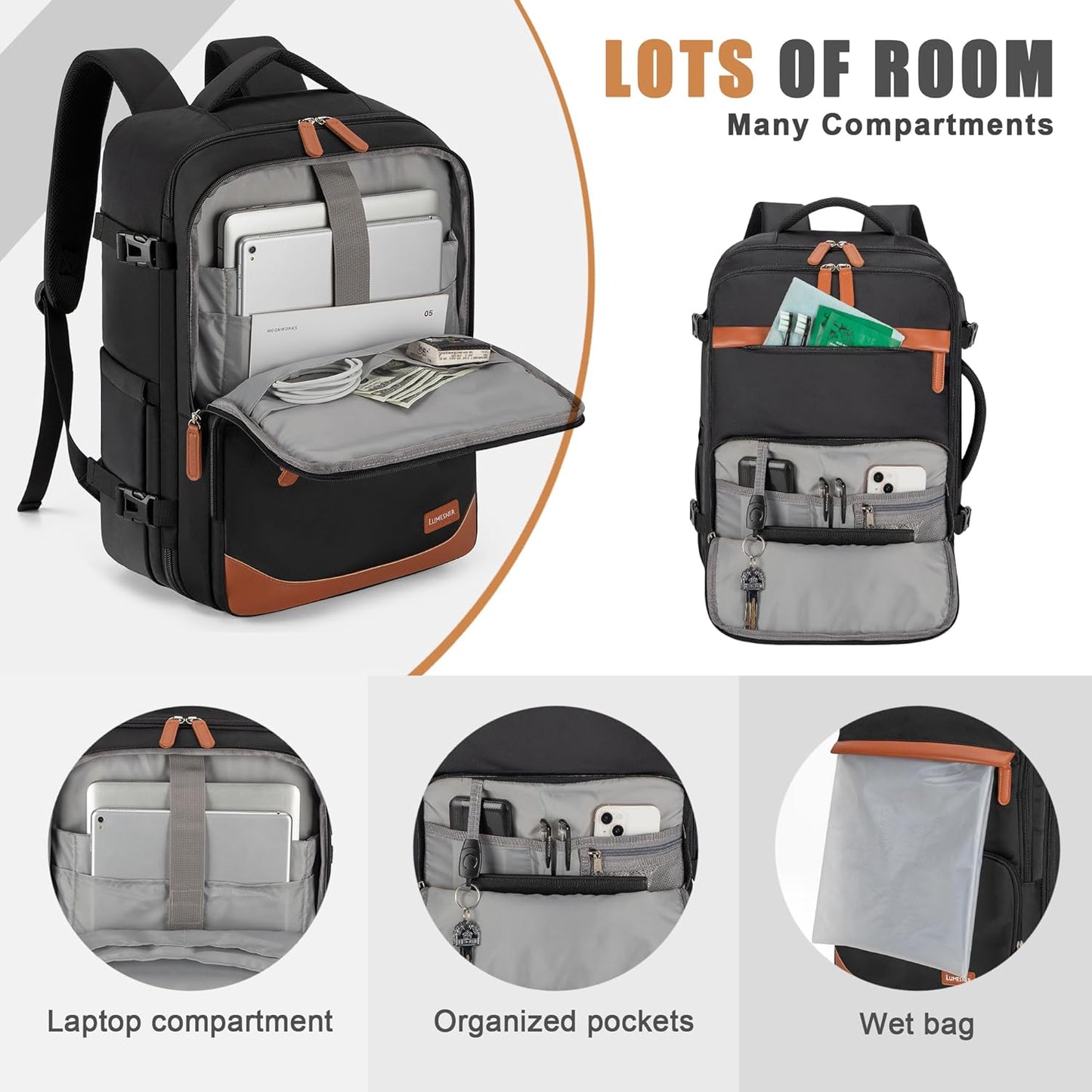Lumenser 40L Travel Backpack with USB Charging Port, Water-Resistant Carry On Backpack for Men Women, Business Laptop Backpack for Trips & Commutes, Fits 17.3 Inch Laptop