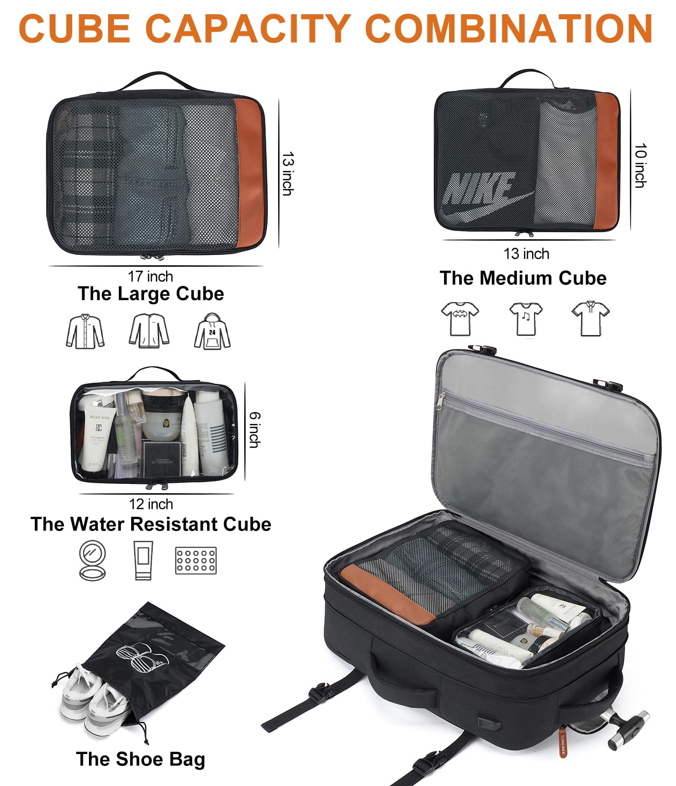 Lumenser Rolling Backpack for Men & Women, 42L Carry-On Travel Backpack with Wheels, 17.3 Inch Laptop Compartment, Water Resistant Wheeled Bag with USB Port, 4 Packing Cubes, Black(14×9×20 in, 6.6 lb)