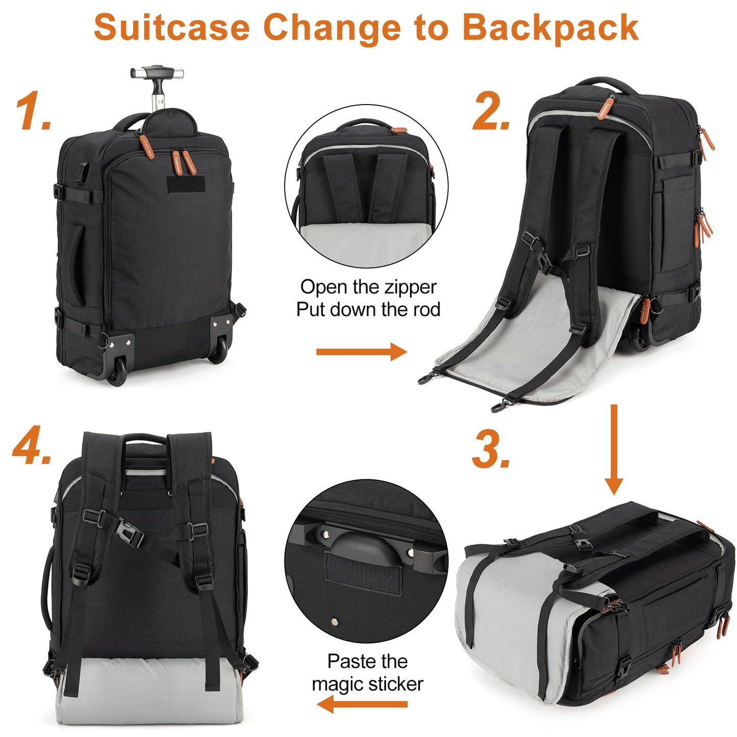 Lumenser Rolling Backpack for Men & Women, 42L Carry-On Travel Backpack with Wheels, 17.3 Inch Laptop Compartment, Water Resistant Wheeled Bag with USB Port, 4 Packing Cubes, Black(14×9×20 in, 6.6 lb)