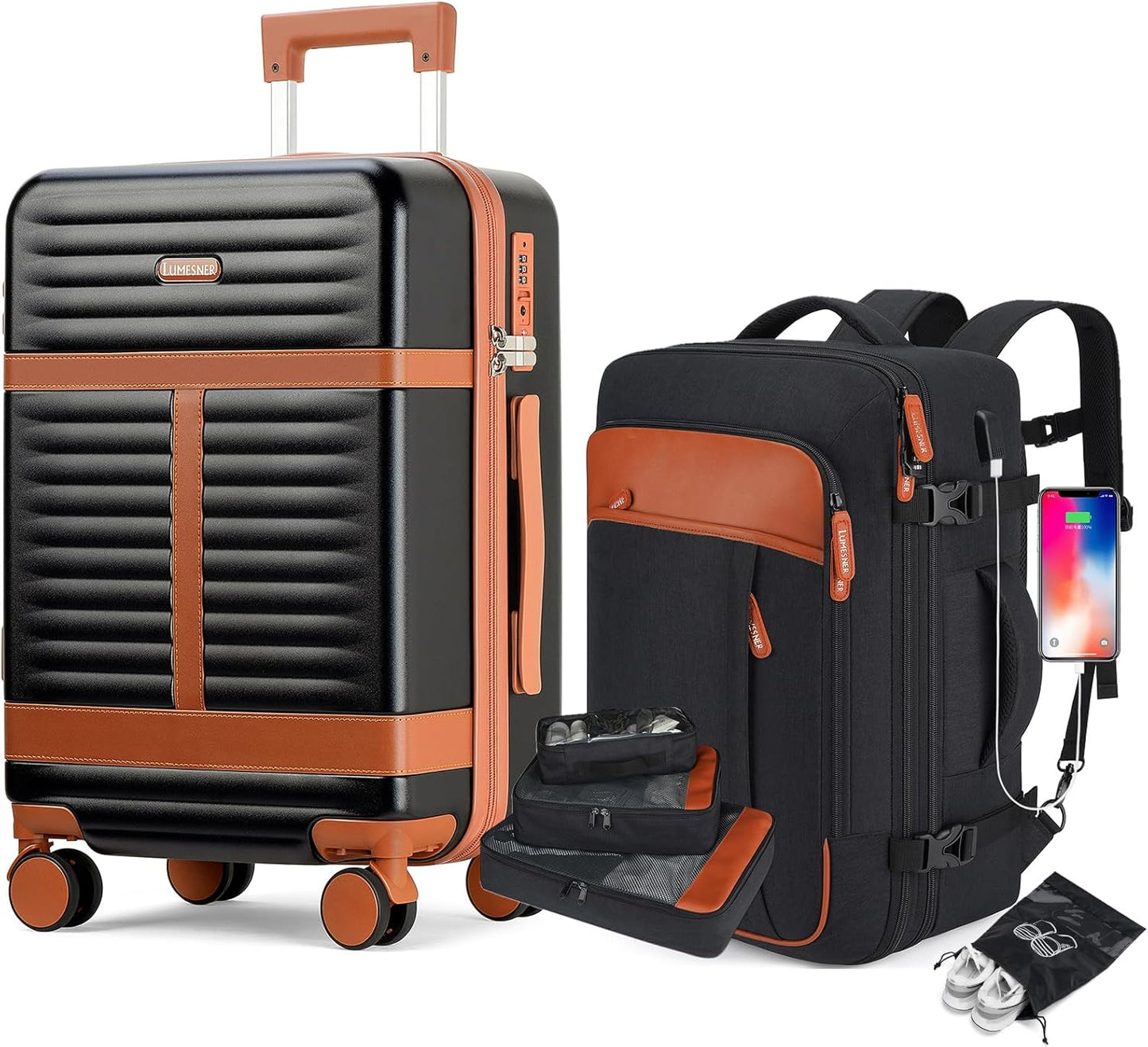 Lumesner 5 Piece Luggage Sets with Travel Backpack, 20" Carry On Hardside Spinner Suitcases, TSA Lock, Durable PC (Black, 5 piece set (20inch))