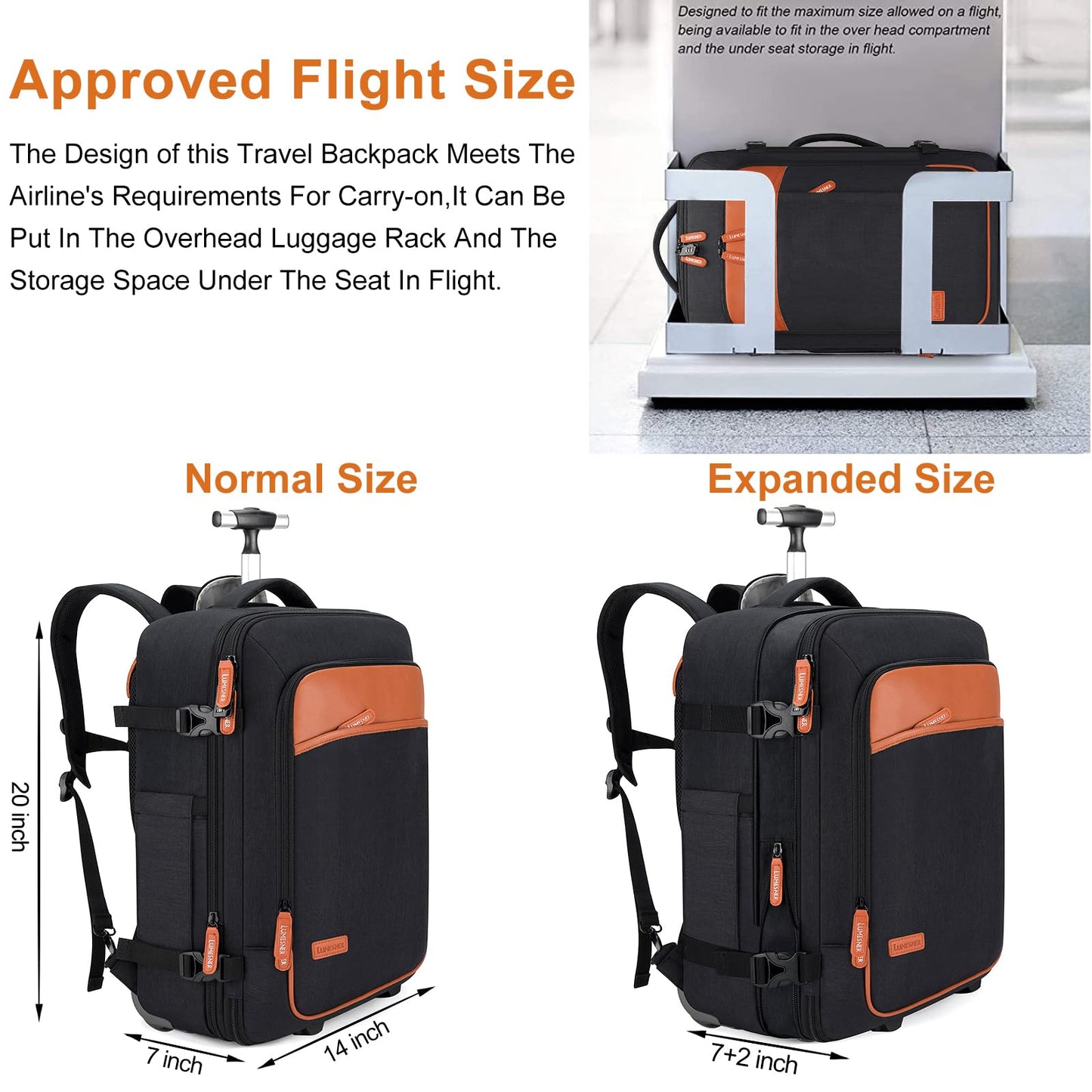 Lumenser Rolling Backpack for Men & Women, 42L Carry-On Travel Backpack with Wheels, 17.3 Inch Laptop Compartment, Water Resistant Wheeled Bag with USB Port, 4 Packing Cubes, Black(14×9×20 in, 6.6 lb)