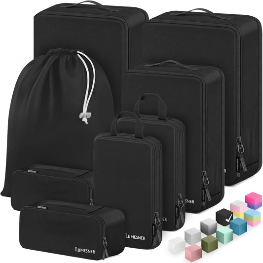 Lumesner 8 Set Compression Packing Cubes for Travel, Waterproof Luggage Organizers, Suitcase Organizer Set for Carry-On & Checked Baggage, Travel Accessories for Men & Women