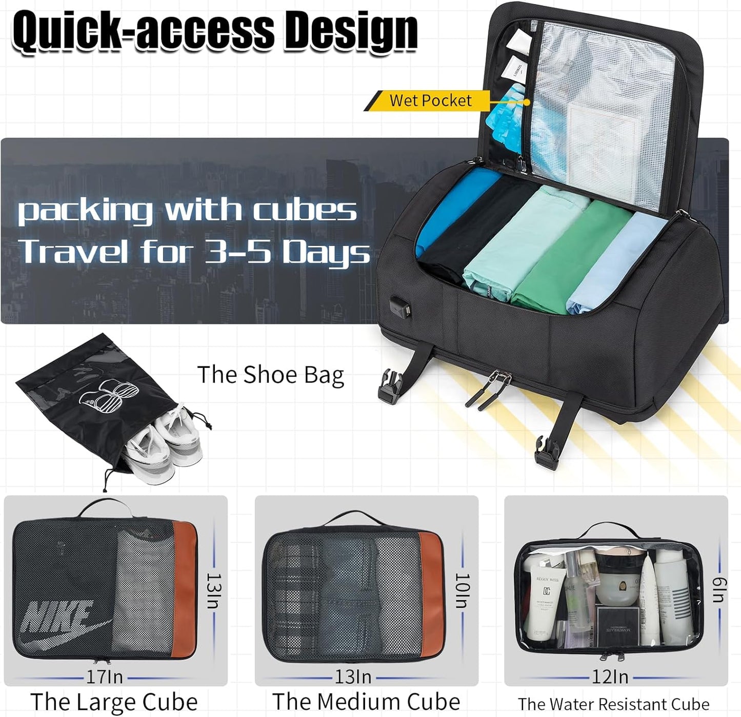 42L Travel Backpack with 4 Packing Cubes, TSA Friendly Flight Approved Carry-On Bag with USB Charging Port, Water-Resistant Weekender Business Backpack for Men Women, Fits 17.3" Laptop
