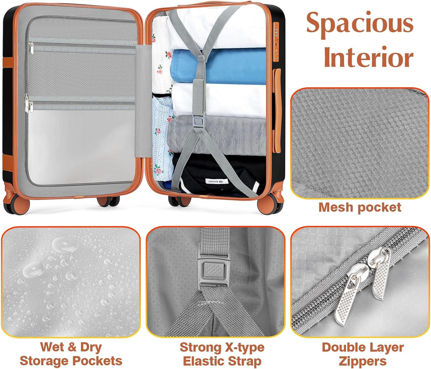 Lumesner 5 Piece Luggage Sets with Travel Backpack, 20" Carry On Hardside Spinner Suitcases, TSA Lock, Durable PC (Black, 5 piece set (20inch))